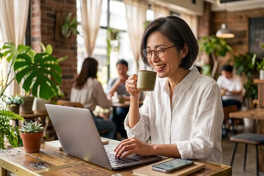 カフェでリラックスした笑顔でPCを開く40代女性