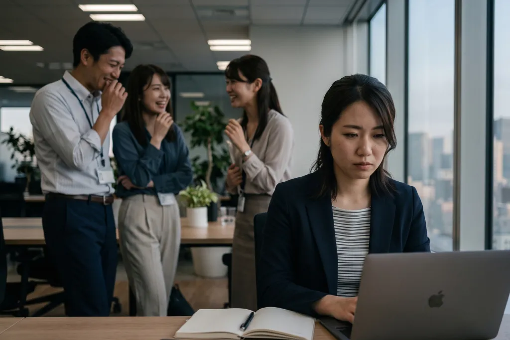 職場の陰湿ないじめに悩み、同僚たちのひそひそ話の中で一人デスクで耐える女性社員
