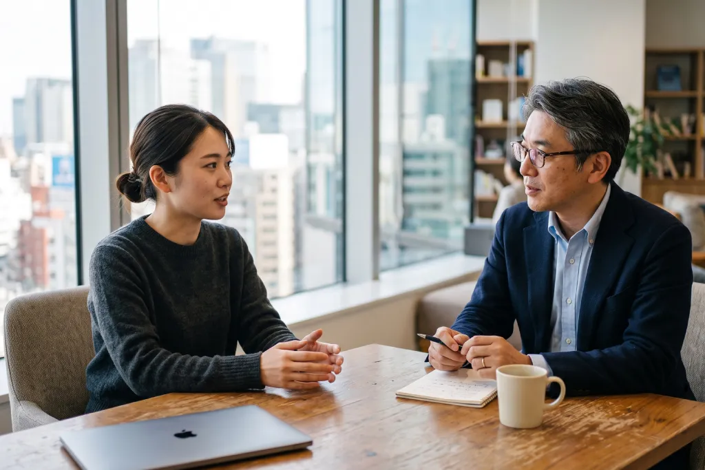 オフィスで、パソコンを横に置き真剣に対話する上司と部下