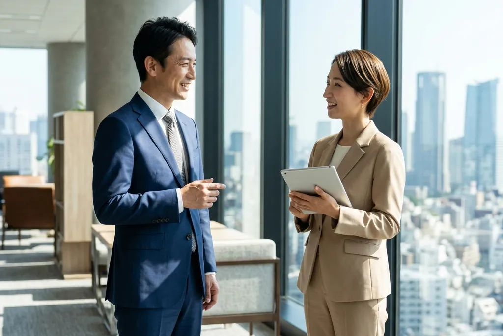 明るいオフィスで清潔感と自信に満ちた笑顔を見せる若々しい40代・50代の日本人ビジネスパーソン