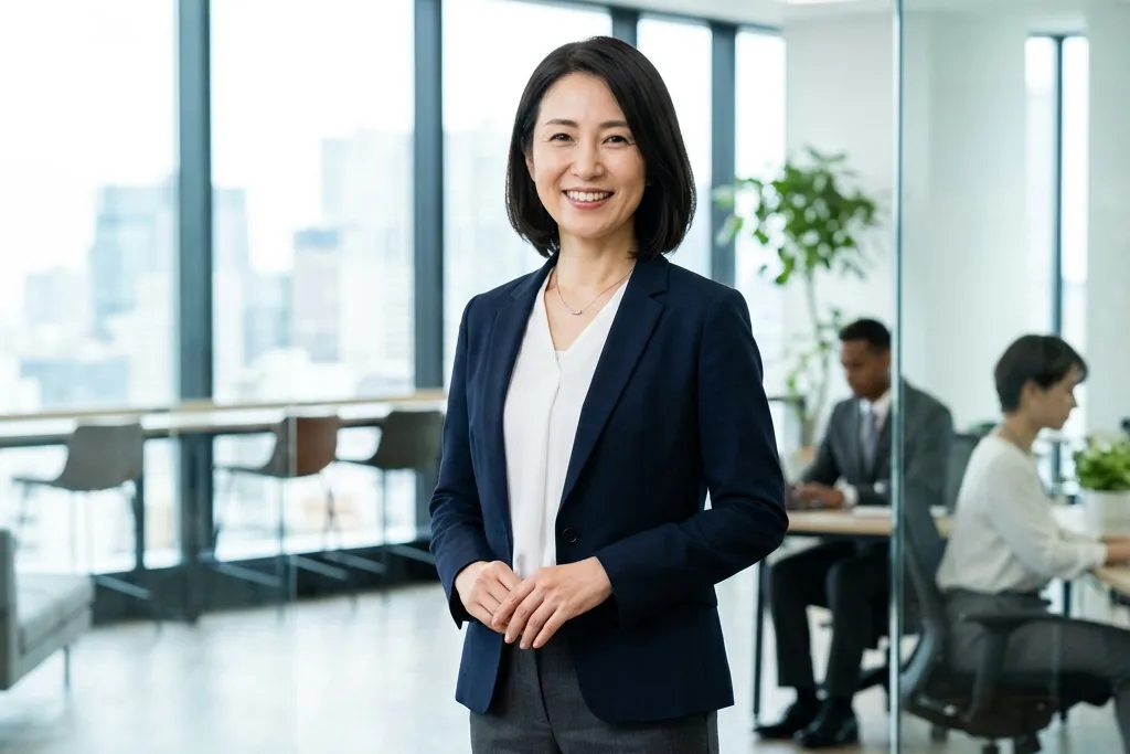 明るいオフィスで正しい姿勢を保ち自信に満ちた表情で働く40代のビジネスウーマン