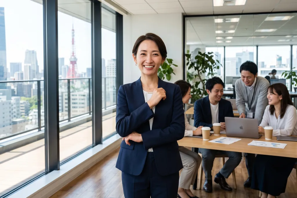オフィスで自信に満ちた笑顔を見せる日本のビジネスパーソンのチーム