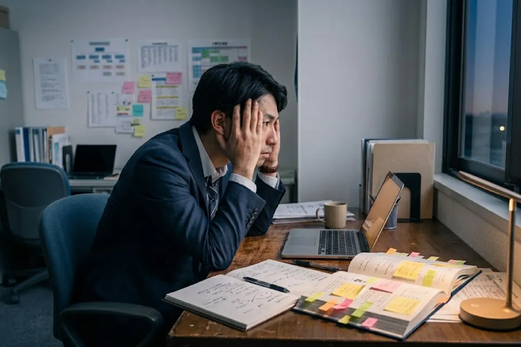 薄暗い部屋で努力の成果が出ずに悩むビジネスパーソンと、窓から差し込む未来への希望の光