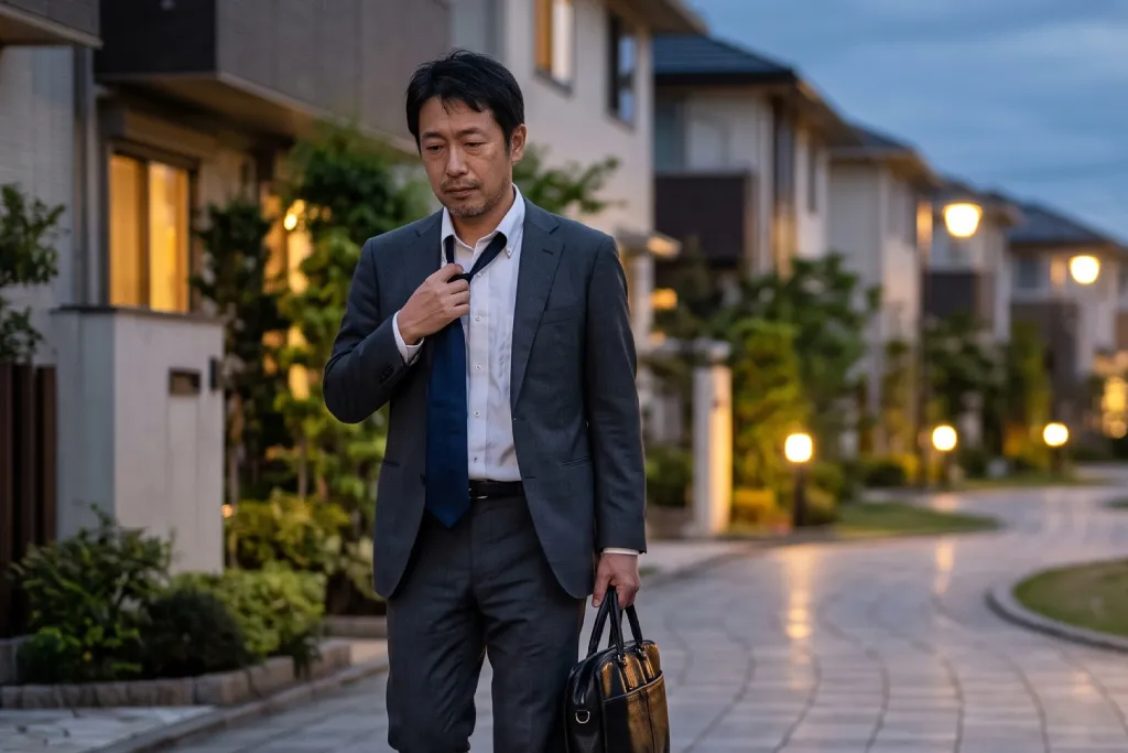 夕暮れの住宅街でネクタイを緩めながら歩いている40代日本人男性