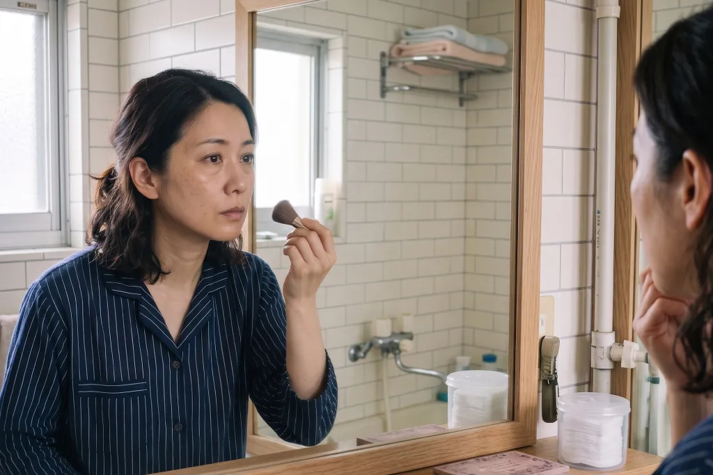 朝の洗面所の鏡の前でメイクの手を止め自分の顔を見つめている40代日本人女性